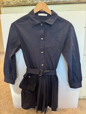 Zara Navy Button-Front Shirt Dress with Belt